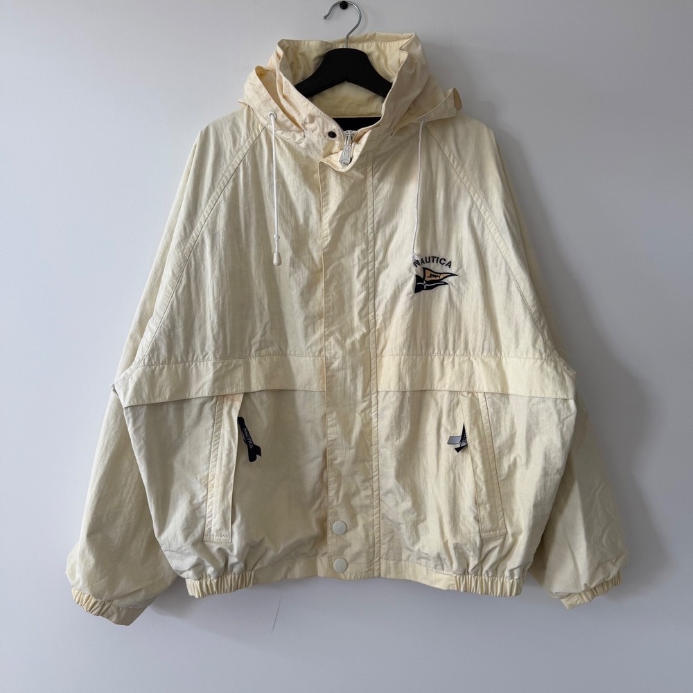 Vintage Nautica Mens Fleece Lined Windbreaker Jacket Cream Large